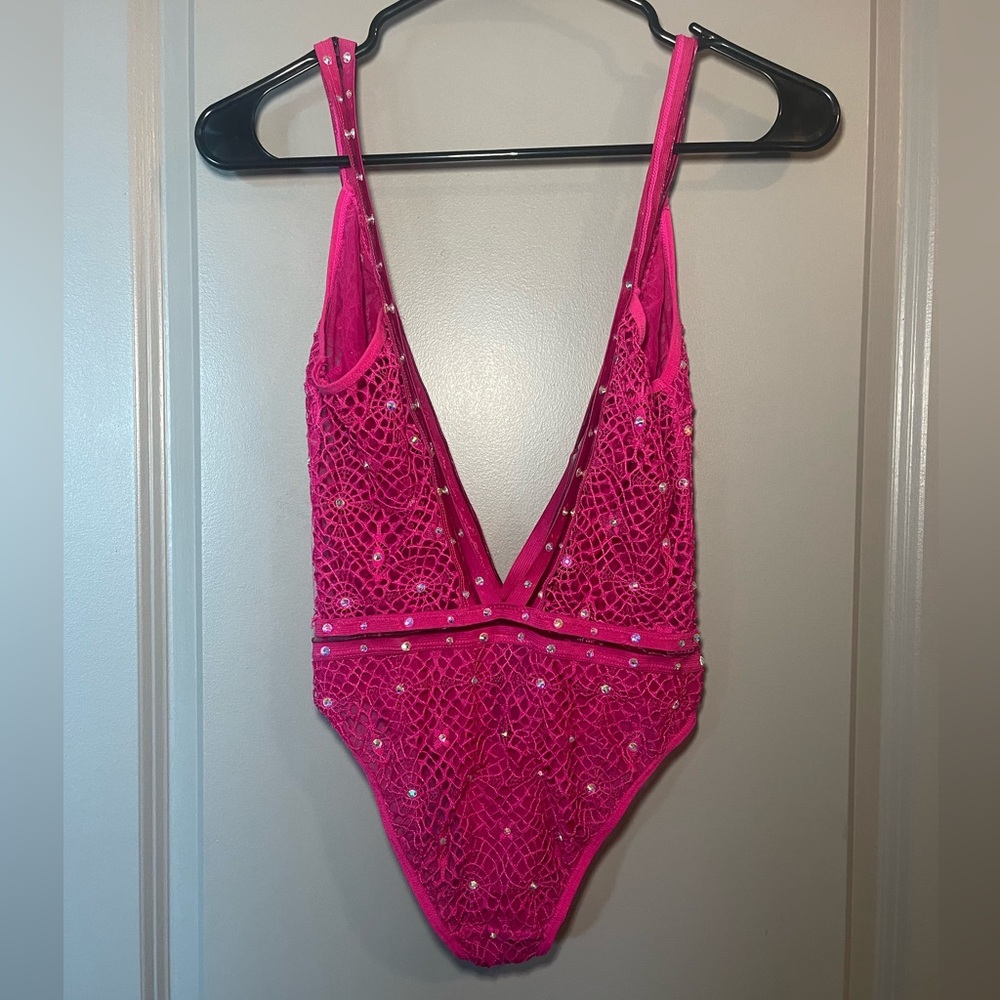 Be Wicked Rave Bodysuit With Gems Pink Fish Net Size Small